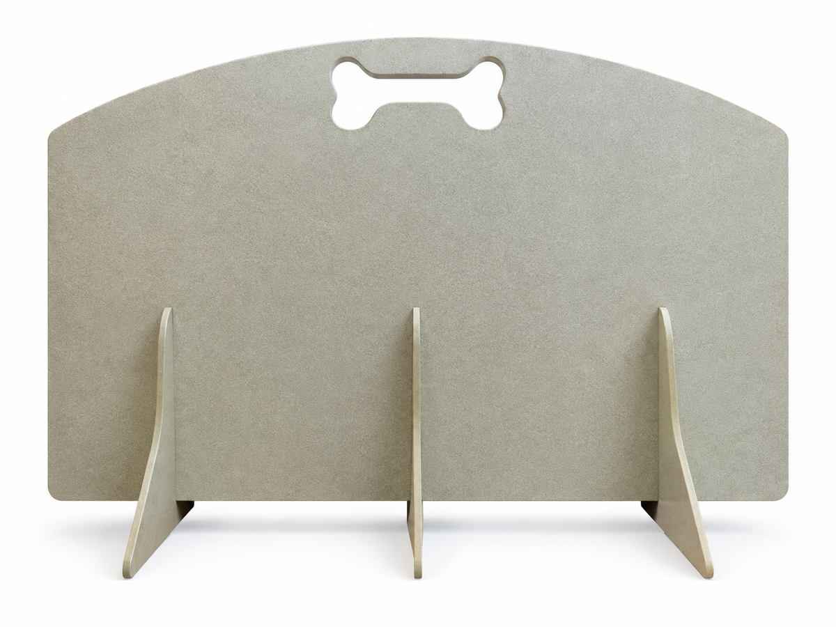 A light green wooden dog gate with a bone-shaped handle at the top and three vertical support legs, shown on a white background.