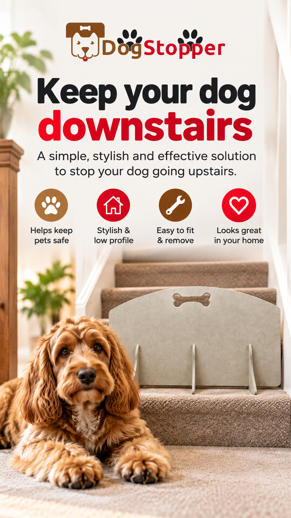 A brown Cocker Spaniel dog lies on a carpeted floor in front of a staircase, with a light green  dog stair gate installed on the stairs. The image includes marketing text for 'Dog Stopper' and feature icons